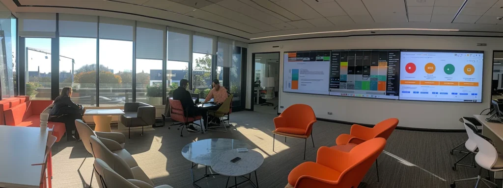 a sleek, modern office in cambridge showcases a dynamic team of professionals engaged in a lively discussion around a large screen displaying digital marketing analytics, reflecting the vibrant energy of a cutting-edge seo agency.